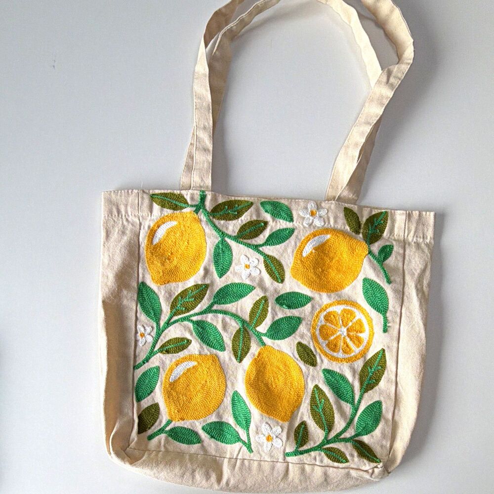 Beige Canvas Tote Bag Lemon Floral Embroidery, Magnetic Snap, Inner Zip Pocket